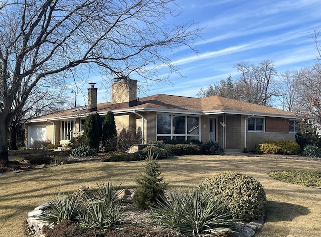 ranch-style house featuring roof with shingles, brick siding, a chimney, and an attached garage