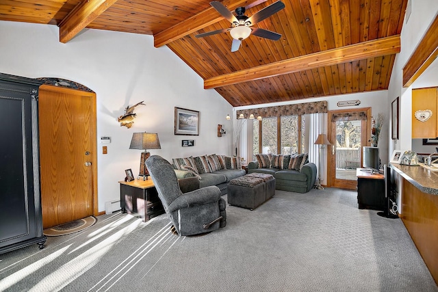 living room with wooden ceiling, a baseboard heating unit, carpet flooring, a ceiling fan, and beamed ceiling