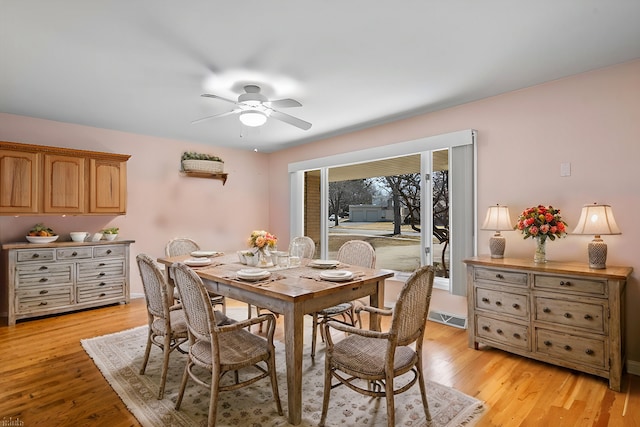 dining area with ceiling fan, visible vents, and light wood-style flooring