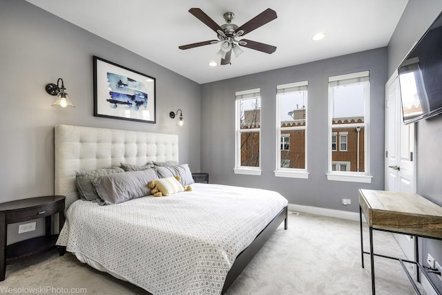 bedroom with recessed lighting, carpet, a ceiling fan, and baseboards