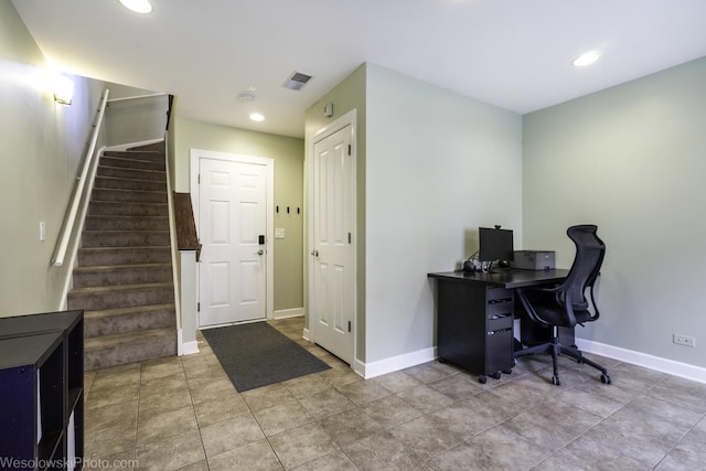 office with light tile patterned floors, visible vents, baseboards, and recessed lighting