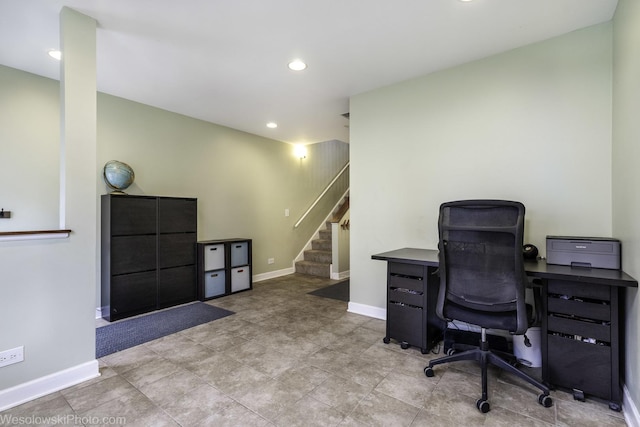 home office featuring recessed lighting and baseboards