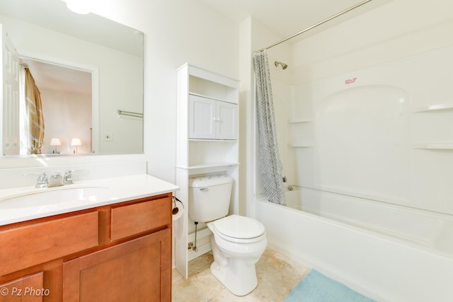 full bathroom featuring tile patterned floors, shower / bathtub combination with curtain, toilet, and vanity