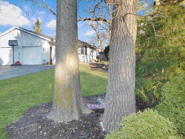 view of yard with aphalt driveway and an attached garage