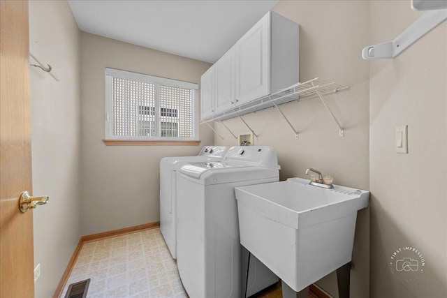 13731 S Tamarack Dr, Plainfield, IL 60544 - laundry area with washing machine and dryer, a sink, cabinet space, visible vents, and baseboards