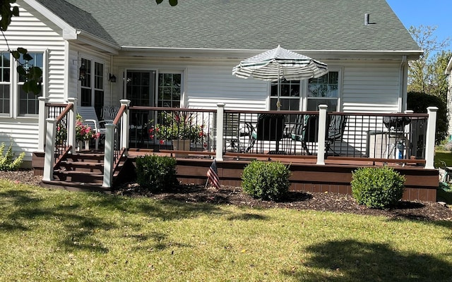 13731 S Tamarack Dr, Plainfield, IL 60544 - back of property featuring a lawn, a deck, and a shingled roof