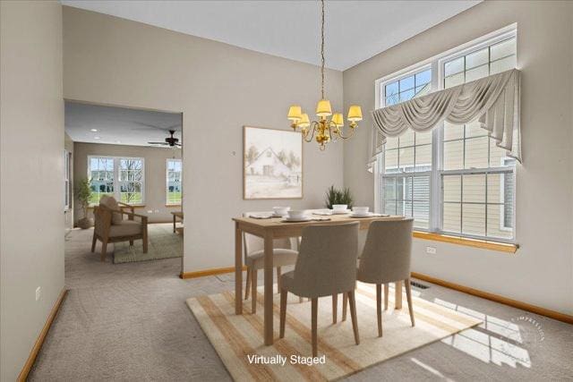 13731 S Tamarack Dr, Plainfield, IL 60544 - carpeted dining room featuring baseboards, a wealth of natural light, and an inviting chandelier