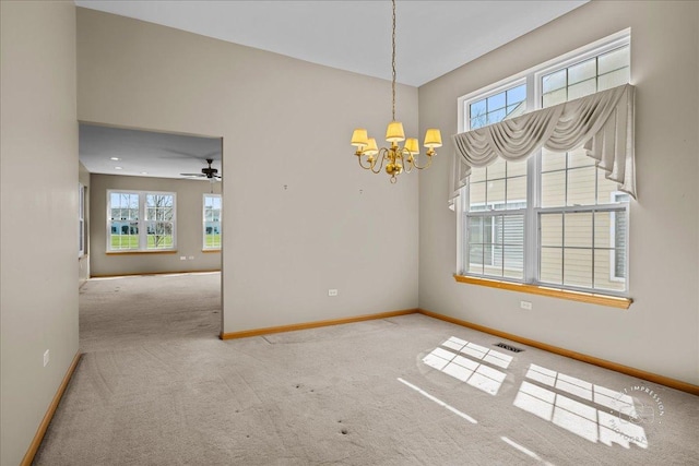 13731 S Tamarack Dr, Plainfield, IL 60544 - empty room with ceiling fan with notable chandelier, carpet flooring, baseboards, and visible vents