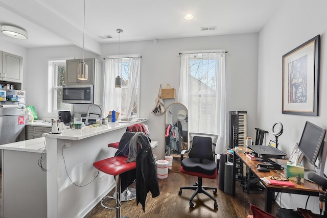 home office featuring a wealth of natural light, visible vents, and wood finished floors