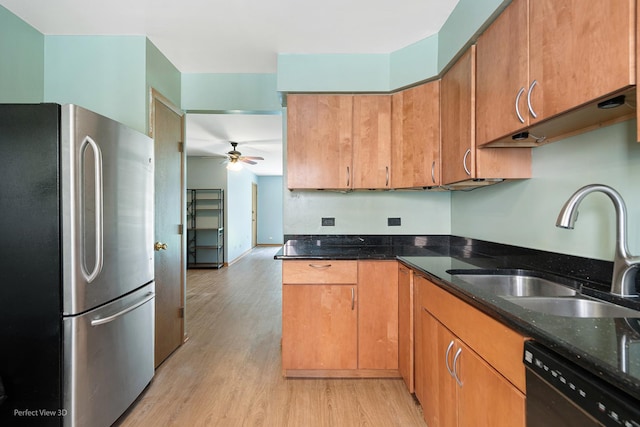 6453C N NW Hwy Unit 1S, Chicago, IL 60631 - kitchen with freestanding refrigerator, black dishwasher, ceiling fan, a sink, and light wood-style floors