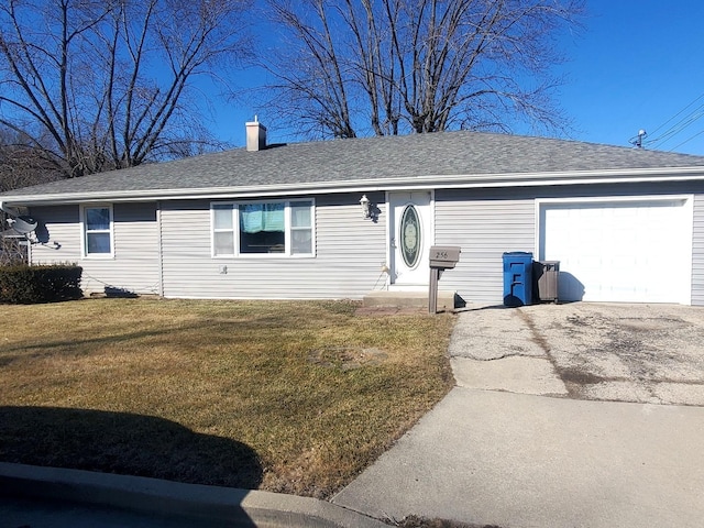 single story home featuring a shingled roof, a chimney, aphalt driveway, an attached garage, and a front lawn