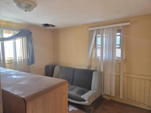 bedroom with multiple windows, wood finished floors, and wainscoting