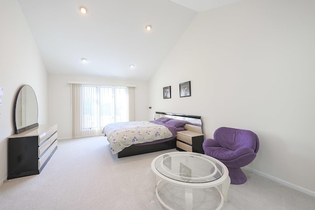 bedroom featuring recessed lighting, carpet, baseboards, and high vaulted ceiling