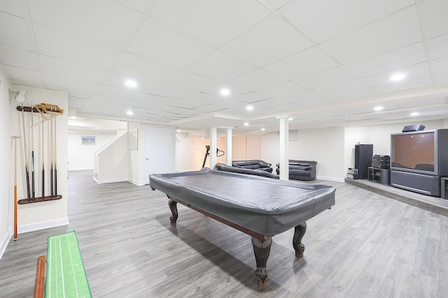 game room featuring a drop ceiling, baseboards, wood finished floors, and pool table