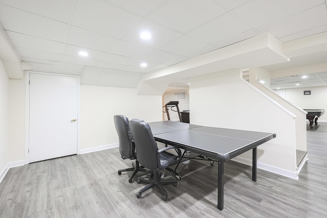 office space featuring recessed lighting, baseboards, and light wood finished floors