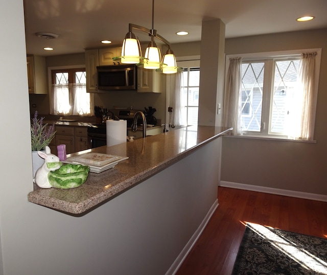kitchen featuring dark wood finished floors, stainless steel microwave, plenty of natural light, and electric stove