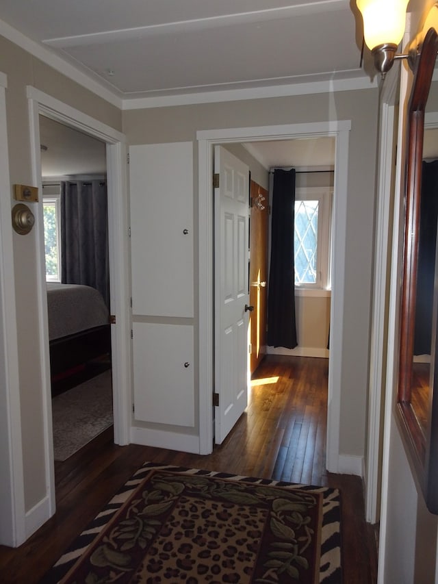 corridor with baseboards and dark wood-style flooring