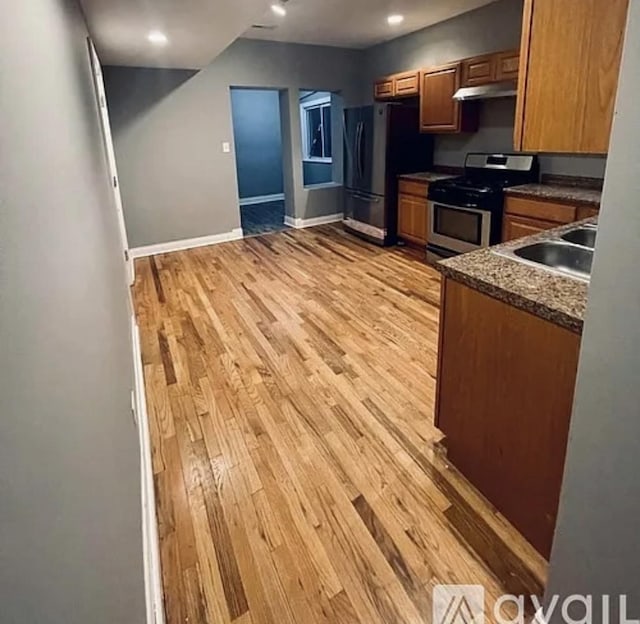 kitchen with light wood-style flooring, under cabinet range hood, stainless steel appliances, a sink, and dark countertops