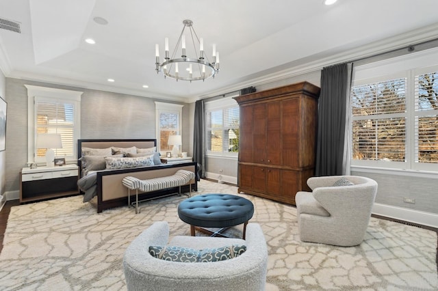 bedroom featuring baseboards, recessed lighting, visible vents, and crown molding