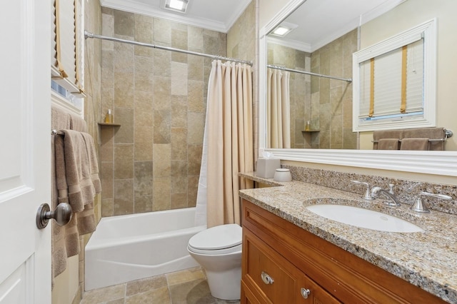 bathroom with toilet, shower / tub combo, ornamental molding, and vanity