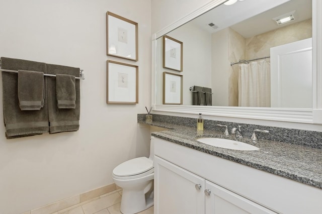 full bathroom with visible vents, baseboards, toilet, tile patterned flooring, and vanity