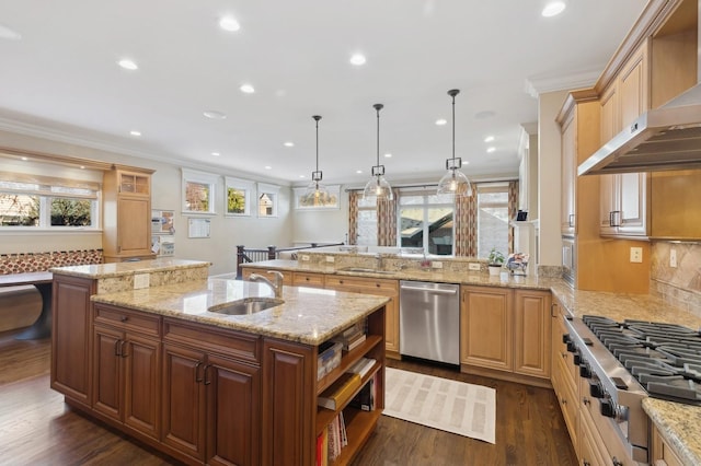 kitchen featuring crown molding, appliances with stainless steel finishes, a sink, a peninsula, and wall chimney exhaust hood