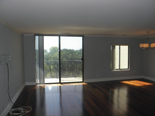 unfurnished room with a wealth of natural light, baseboards, crown molding, and wood finished floors