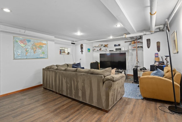 living room with recessed lighting, wood finished floors, and baseboards