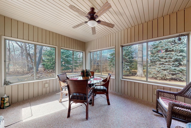 sunroom / solarium featuring wooden ceiling and ceiling fan