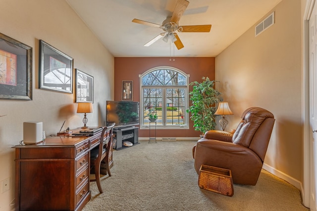 sitting room featuring visible vents, a ceiling fan, baseboards, and carpet floors