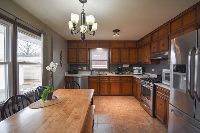 kitchen with stainless steel appliances, a healthy amount of sunlight, a sink, and under cabinet range hood