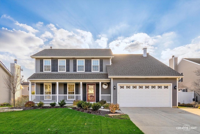 traditional-style home with a porch, concrete driveway, a front yard, an attached garage, and a chimney