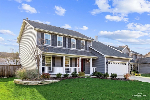 view of front of house with a front yard, a porch, an attached garage, a shingled roof, and concrete driveway