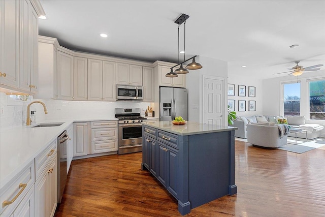 kitchen with stainless steel appliances, dark wood-style flooring, a sink, and open floor plan