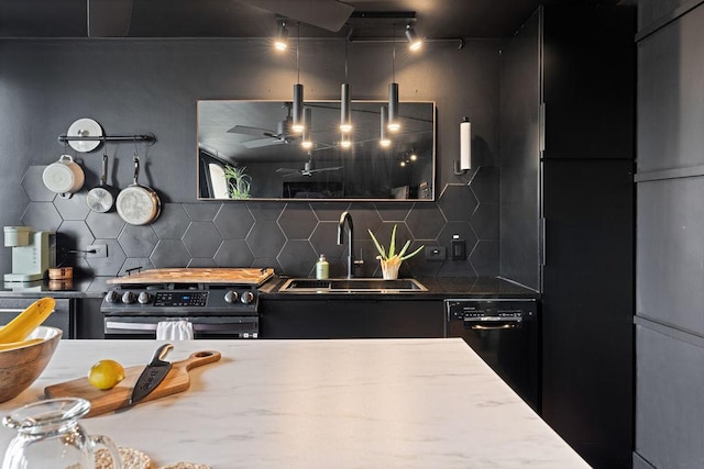 kitchen with decorative backsplash, electric stove, black dishwasher, and a sink