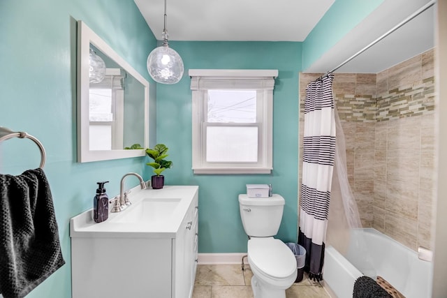 bathroom with toilet, vanity, baseboards, tile patterned floors, and shower / bathtub combination with curtain