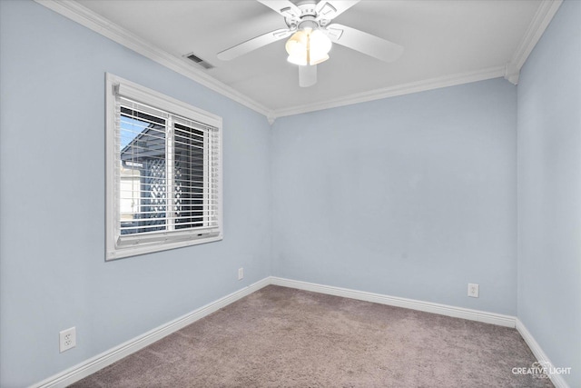 unfurnished room with visible vents, baseboards, ceiling fan, crown molding, and carpet floors