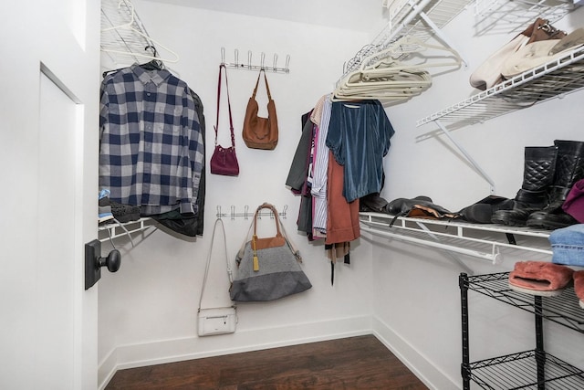 walk in closet with wood finished floors