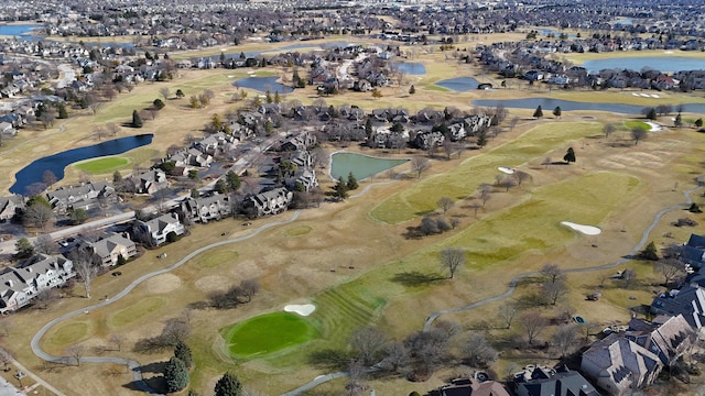 bird's eye view featuring a residential view, a water view, and golf course view