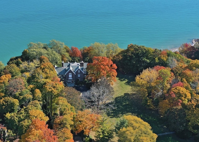 birds eye view of property with a water view and a wooded view