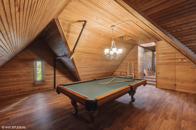 playroom with wooden walls, wood ceiling, and lofted ceiling