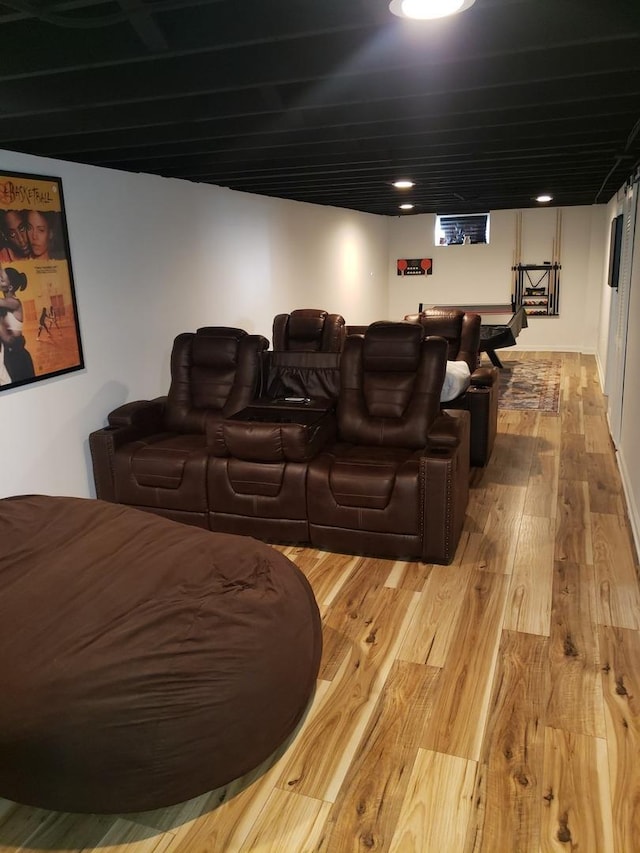 cinema room with wood finished floors