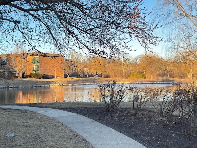 exterior space with a water view