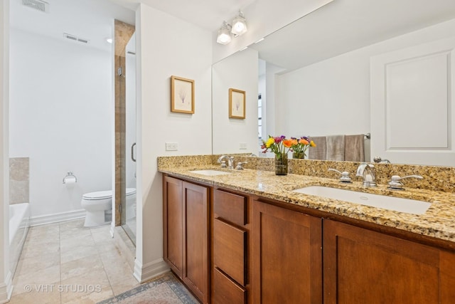 full bath featuring tile patterned flooring, visible vents, toilet, and a sink