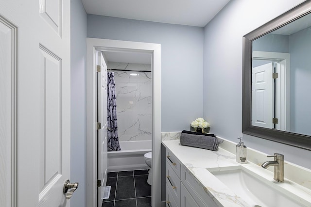 bathroom featuring toilet, visible vents, vanity, tile patterned floors, and shower / bathtub combination with curtain