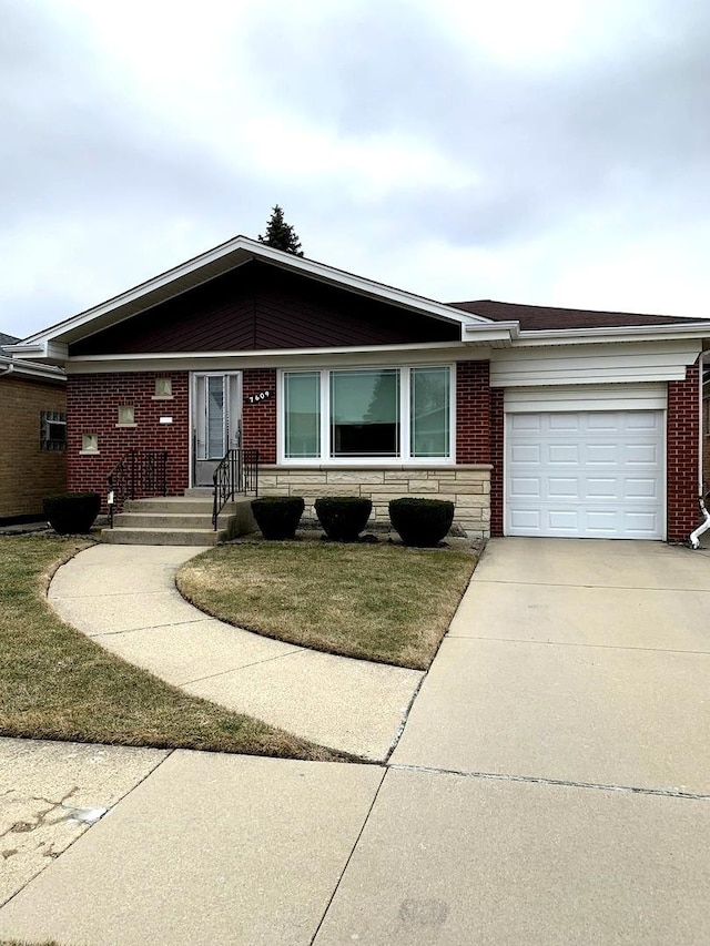 ranch-style house featuring an attached garage, brick siding, driveway, stone siding, and a front lawn