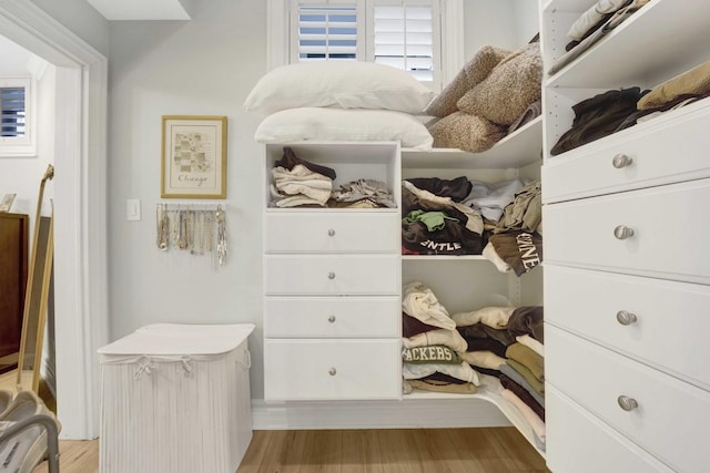 walk in closet with wood finished floors