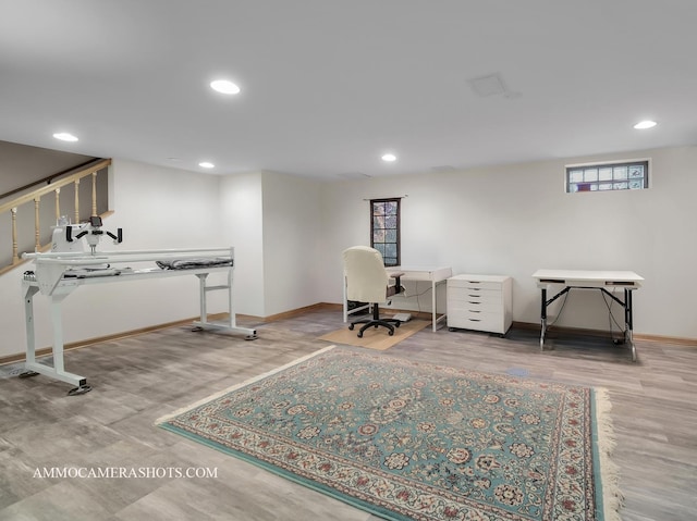 home office with recessed lighting, baseboards, and wood finished floors