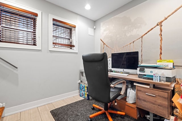 home office with recessed lighting and baseboards