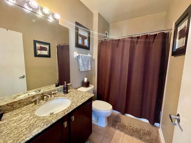 full bath featuring toilet, a shower with shower curtain, tile patterned flooring, and vanity